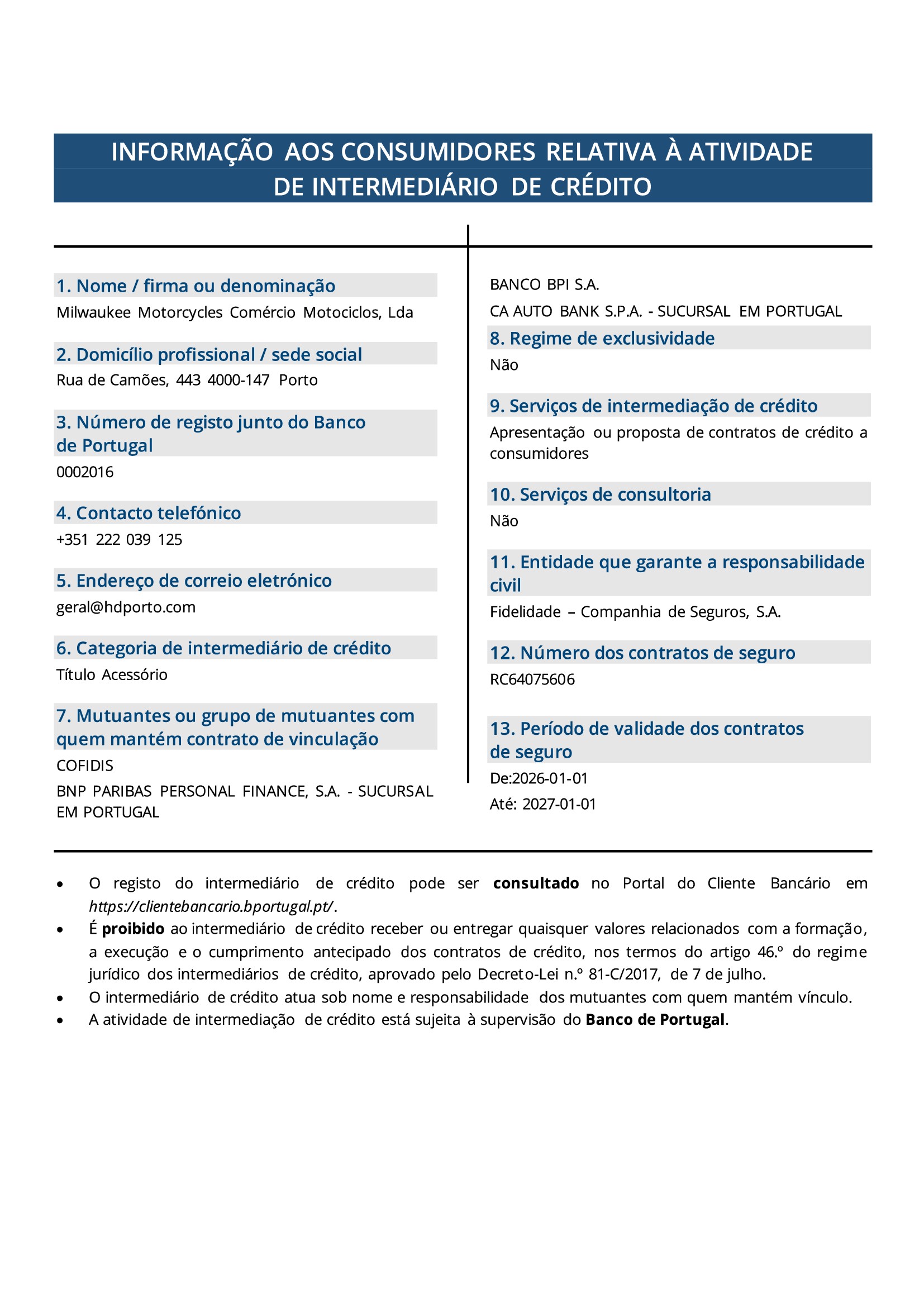 Informação ao consumidor - Intermediário de crédito